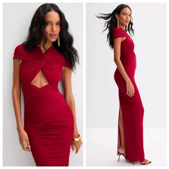Ronny Kobo Nasha Burgundy Ruched Cutout Gown XS Red Maxi Dress Sculpted Mesh - Picture 2 of 7